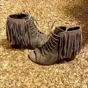 Gray fringe suede boots. Size 6.5
